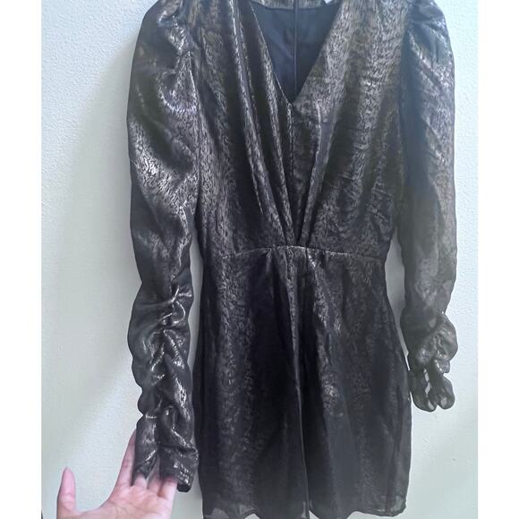 WALTER BAKER V-Neck Puff Long Sleeve Flowy Party Mini Dress Black Gold Womens XS - Picture 3 of 8